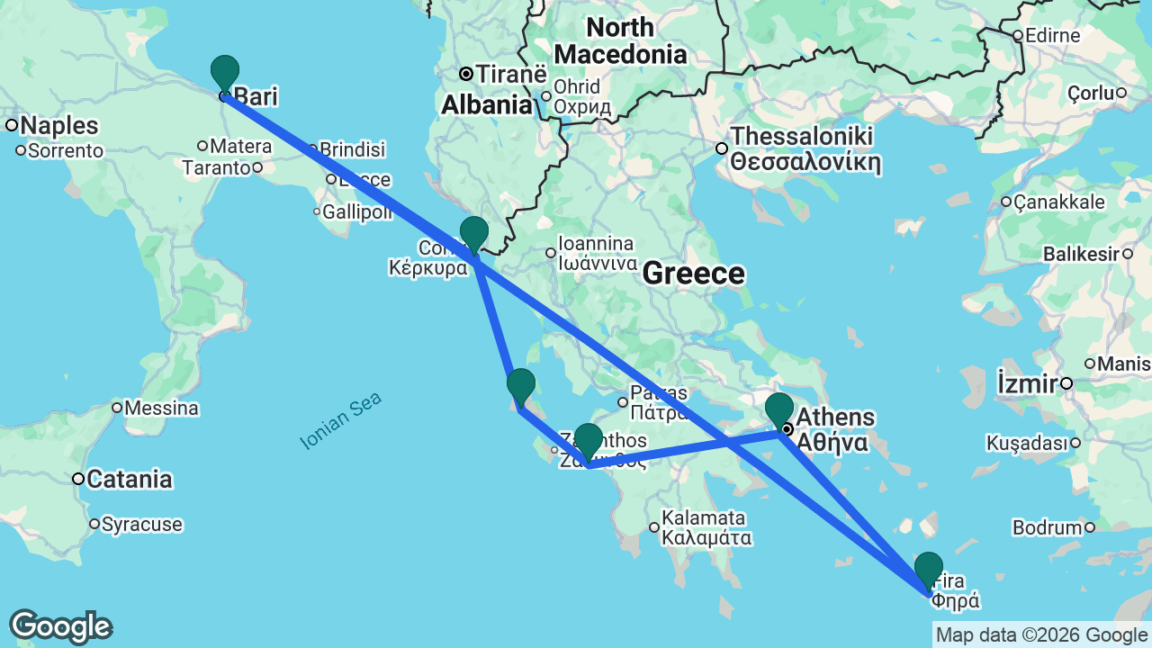 Route map: Athens -> Katakolon -> Kefalonia -> Corfu -> Bari -> Santorini -> Athens
