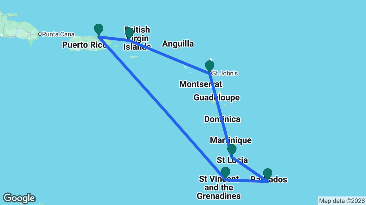 Route map: San Juan -> St. Vincent -> Barbados -> St. Lucia -> Antigua -> St. Thomas -> San Juan