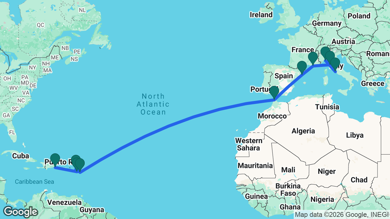 Route map: Rome -> Genoa -> Florence -> Marseille -> Barcelona -> Tangier -> Antigua -> St. Maarten -> St. Kitts -> La Romana