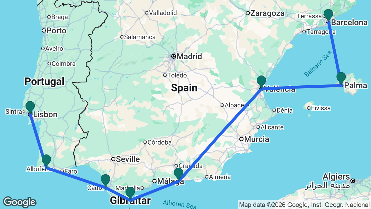 Route map: Barcelona -> Mallorca -> Valencia -> Motril -> Gibraltar -> Cádiz -> Portimão -> Lisbon