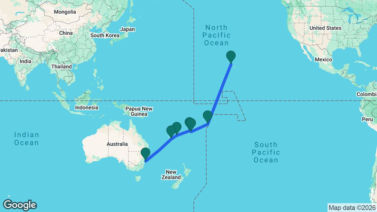 Route map: Sydney -> Nouméa -> Mystery Island -> Lautoka -> Fiji -> Apia -> Honolulu