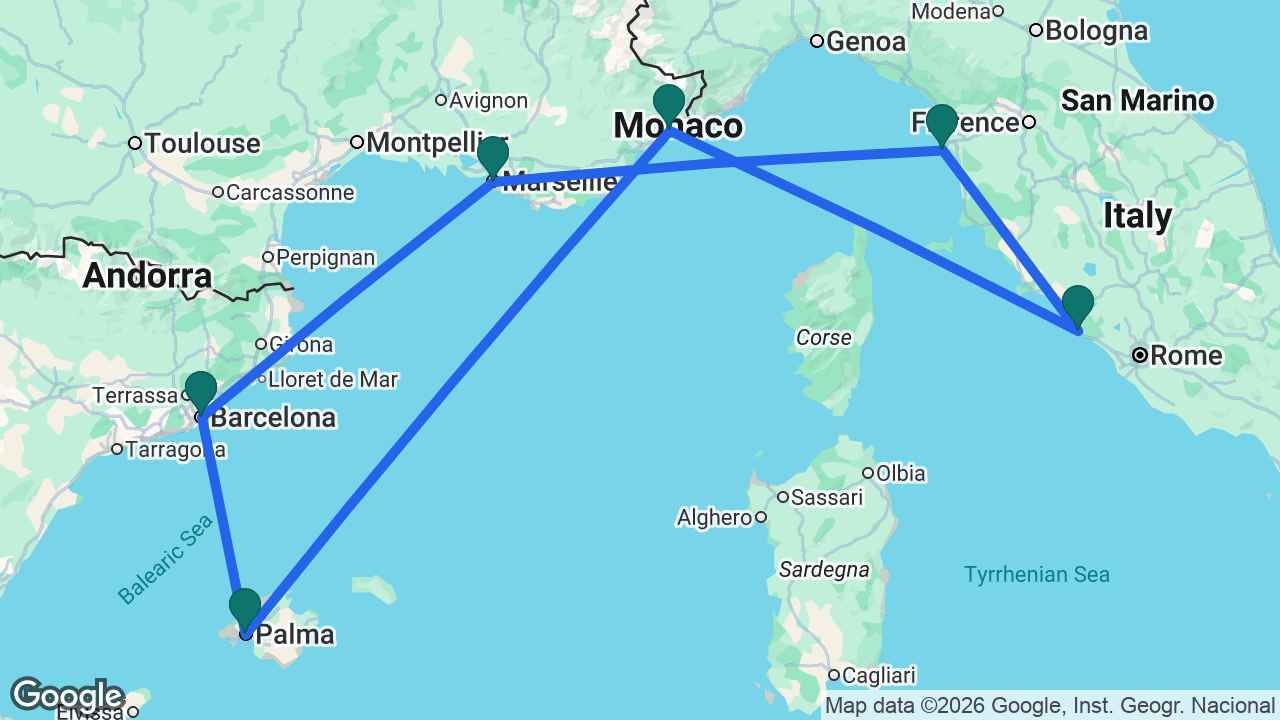 Route map: Barcelona -> Marseille -> Florence -> Rome -> Villefranche -> Mallorca -> Barcelona