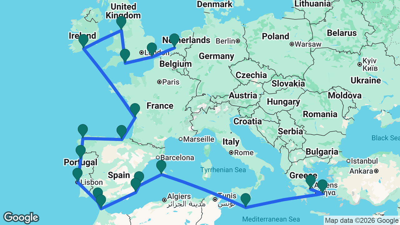 Route map: Athens -> Mykonos -> Valletta -> Mallorca -> Alicante -> Cartagena -> Tangier -> Cádiz -> Lisbon -> Porto -> La Coruña -> Bilbao -> Bordeaux -> Cobh -> Liverpool -> Portland -> Dover -> Rotterdam