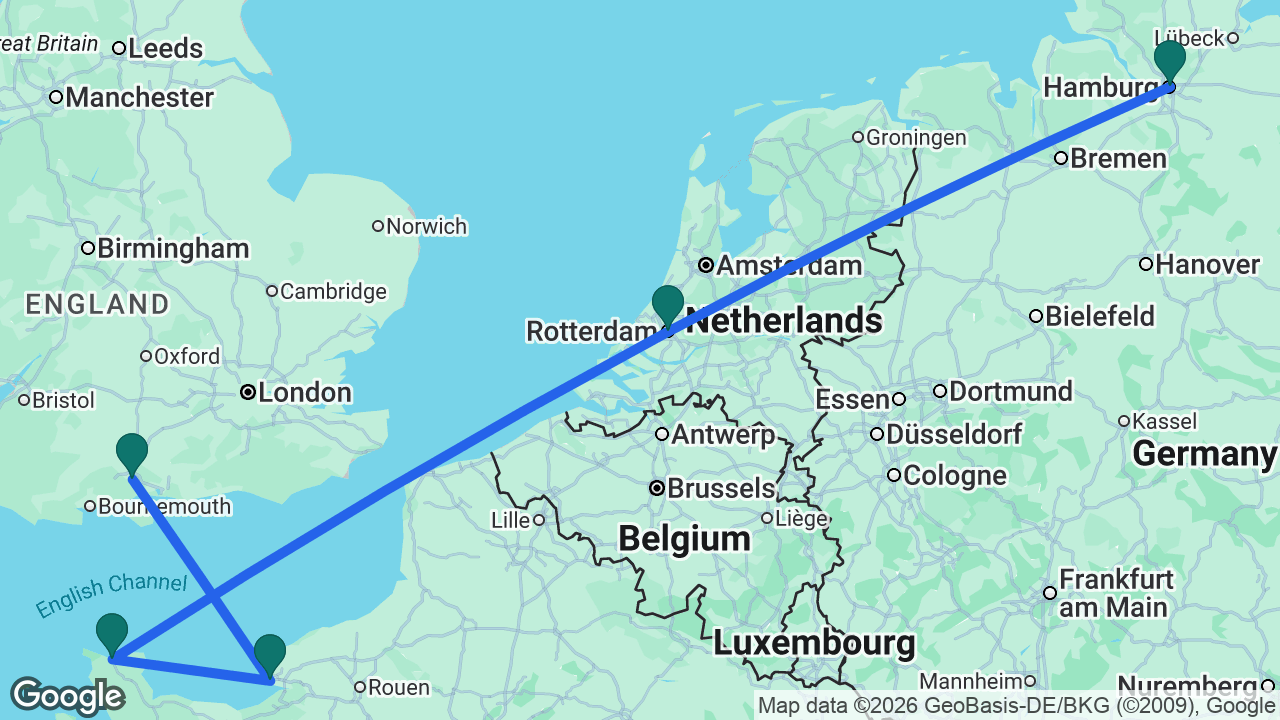 Route map: Hamburg -> Rotterdam -> Cherbourg -> Paris -> Southampton