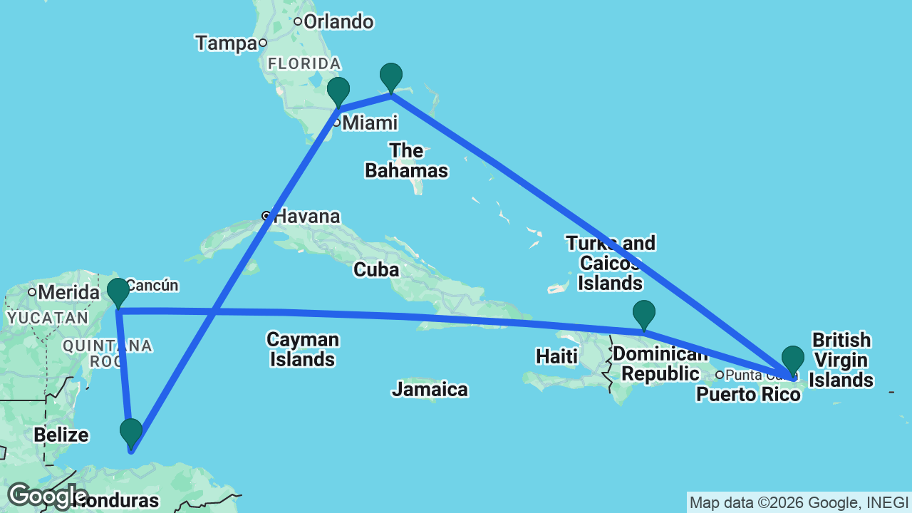 Route map: Fort Lauderdale -> Celebration Key -> San Juan -> Amber Cove -> Cozumel -> Roatán -> Fort Lauderdale