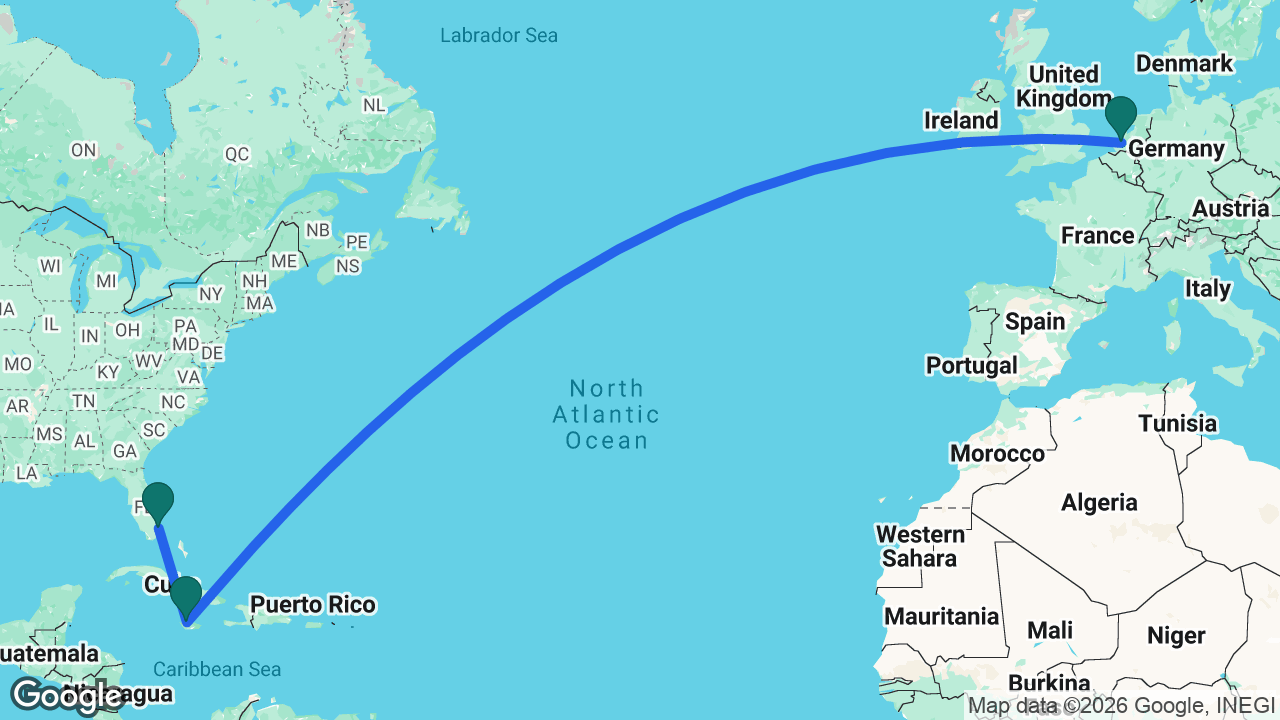 Route map: Fort Lauderdale -> Falmouth -> Rotterdam