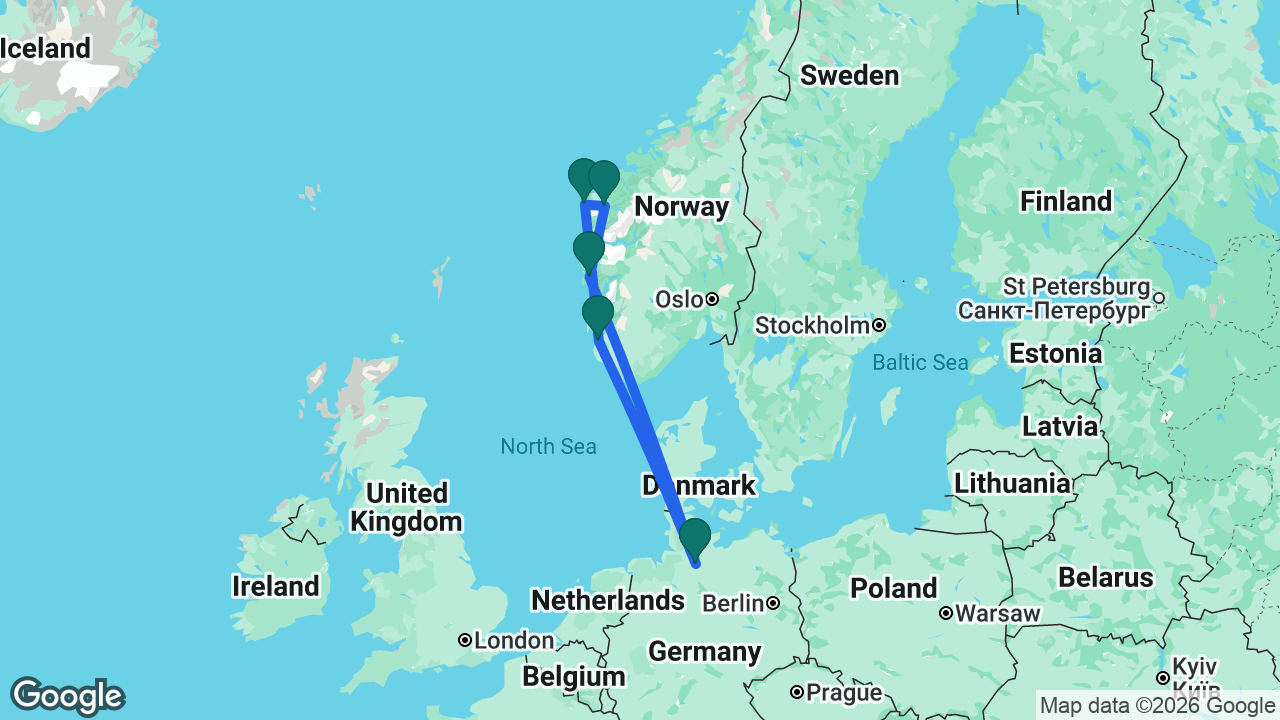 Route map: Hamburg -> Stavanger -> Måløy -> Nordfjordeid -> Bergen -> Hamburg