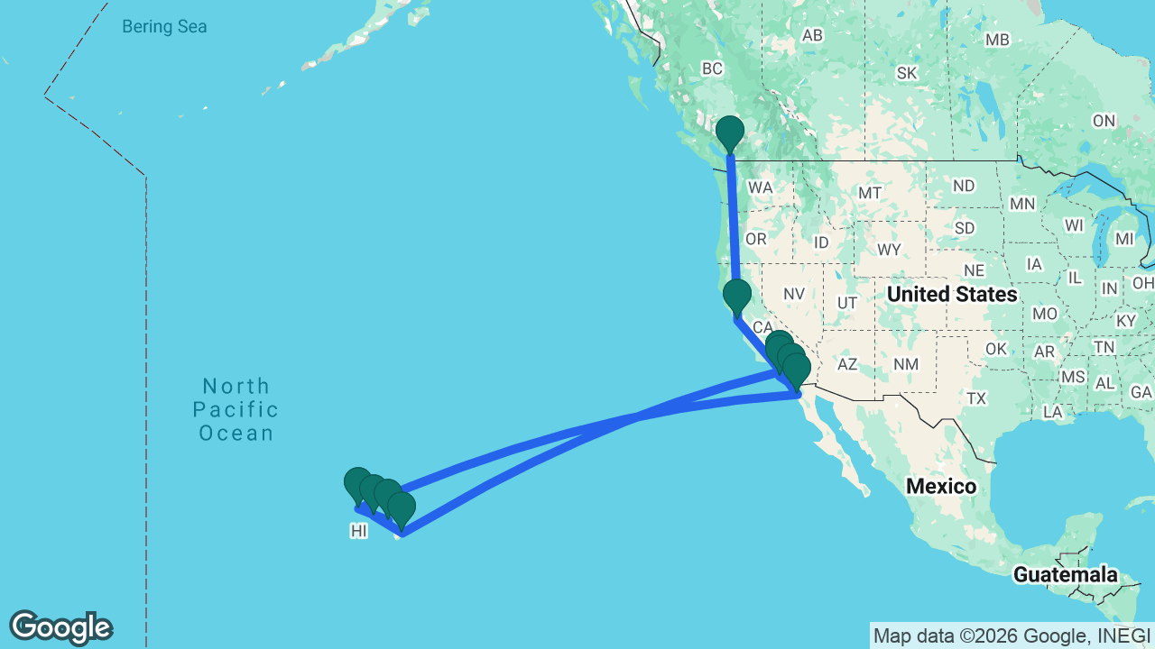 Route map: Vancouver -> San Francisco -> San Diego -> Catalina -> Los Angeles -> Hilo -> Honolulu -> Maui -> Kauai -> Ensenada -> Los Angeles