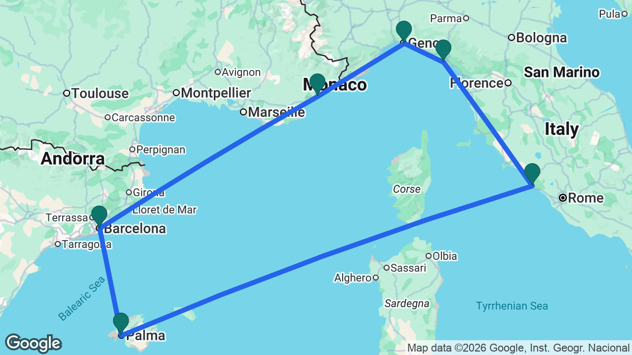 Route map: Barcelona -> Cannes -> Genoa -> La Spezia -> Rome -> Mallorca -> Barcelona