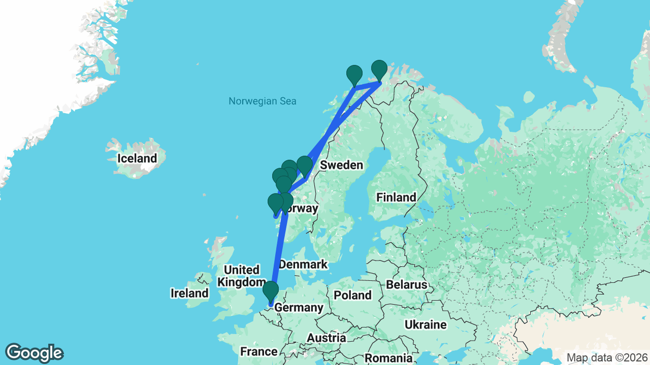 Route map: Rotterdam -> Eidfjord -> Olden -> Ålesund -> Bergen -> Åndalsnes -> Trondheim -> Tromsø -> Alta -> Kristiansund -> Rotterdam