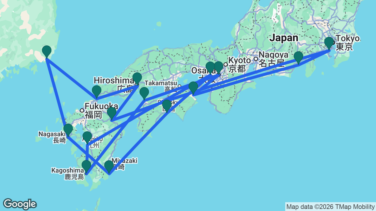 Route map: Tokyo -> Beppu -> Hiroshima -> Kanmon Strait -> Busan -> Nagasaki -> Aburatsu -> Kochi -> Kobe -> Yatsushiro -> Kagoshima -> Matsuyama -> Osaka -> Tokushima -> Mount Fuji -> Tokyo