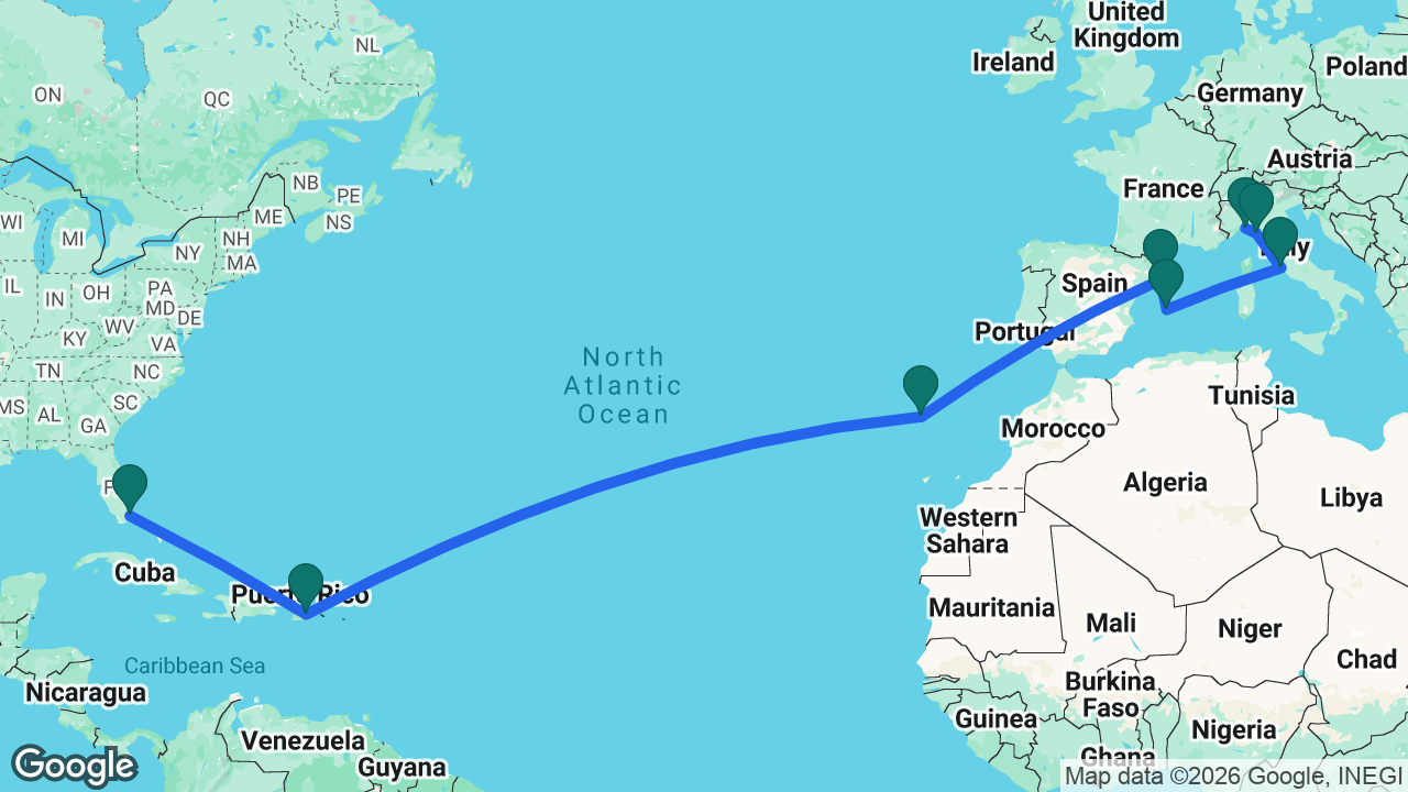 Route map: Genoa -> La Spezia -> Rome -> Mallorca -> Barcelona -> Madeira -> San Juan -> Miami