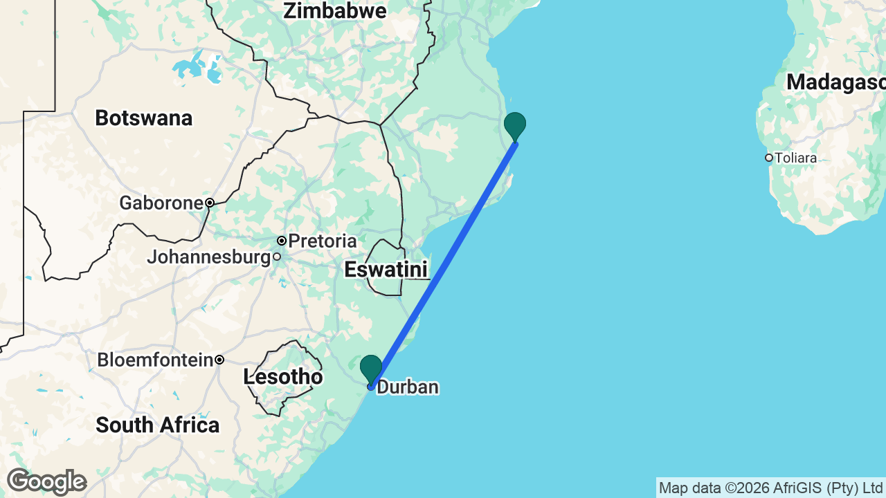 Route map: Durban -> Pomene -> Durban