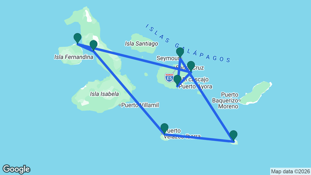 Route map: Baltra -> Gardner Bay -> Cormorant Point -> Moreno Point -> Espinoza Point -> South Plaza -> Puerto Ayora -> Baltra
