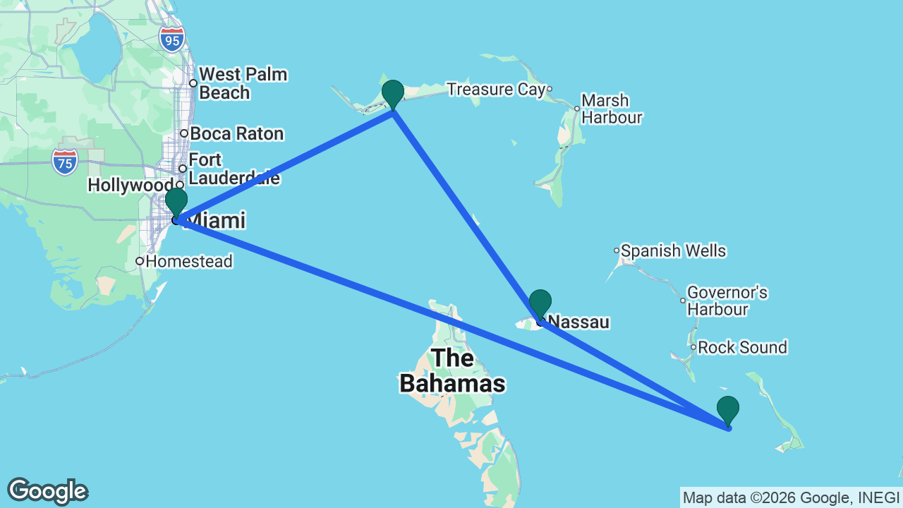 Route map: Miami -> Celebration Key -> Nassau -> Half Moon Cay -> Miami