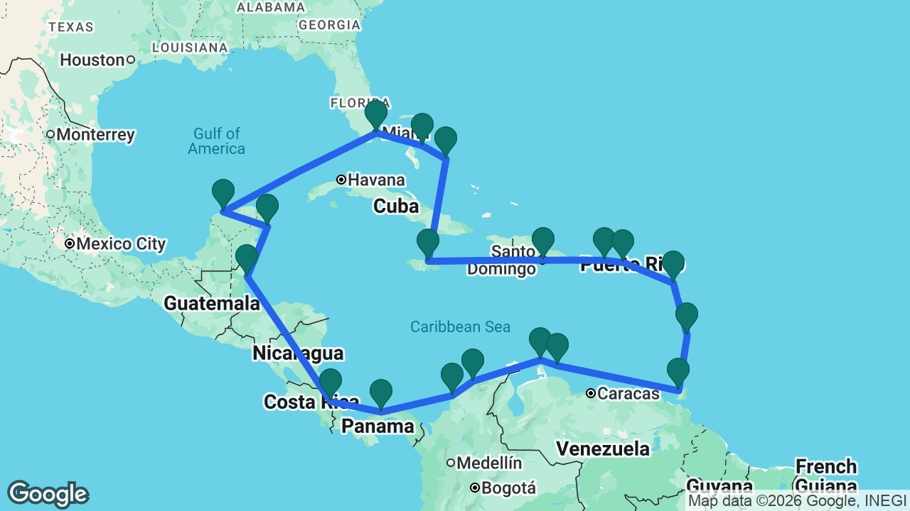 Route map: Miami -> Nassau -> Half Moon Cay -> Ocho Rios -> Santo Domingo -> San Juan -> St. Thomas -> Antigua -> St. Lucia -> Trinidad -> Curaçao -> Aruba -> Santa Marta -> Cartagena -> Colón -> Limón -> Belize City -> Cozumel -> Progreso -> Miami