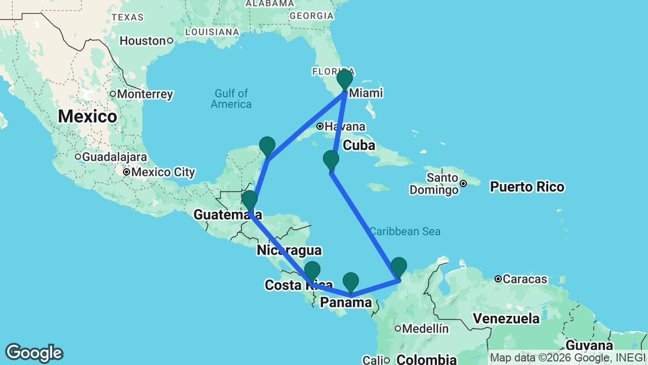 Route map: Miami -> Grand Cayman -> Cartagena -> Panama Canal -> Limón -> Harvest Caye -> Cozumel -> Miami