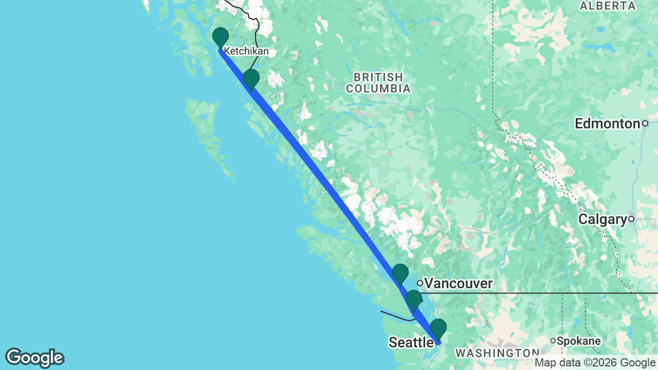 Route map: Seattle -> Ketchikan -> Prince Rupert -> Nanaimo -> Victoria -> Seattle