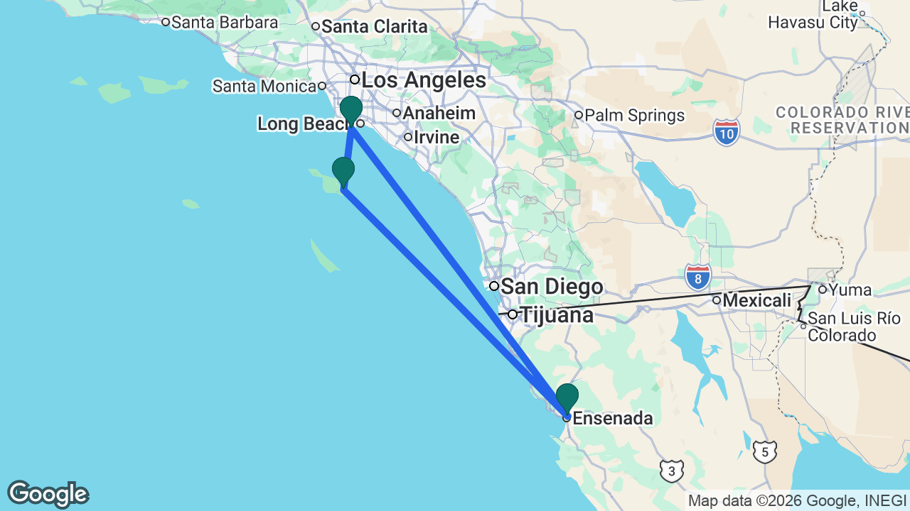 Route map: Los Angeles -> Catalina -> Ensenada -> Los Angeles