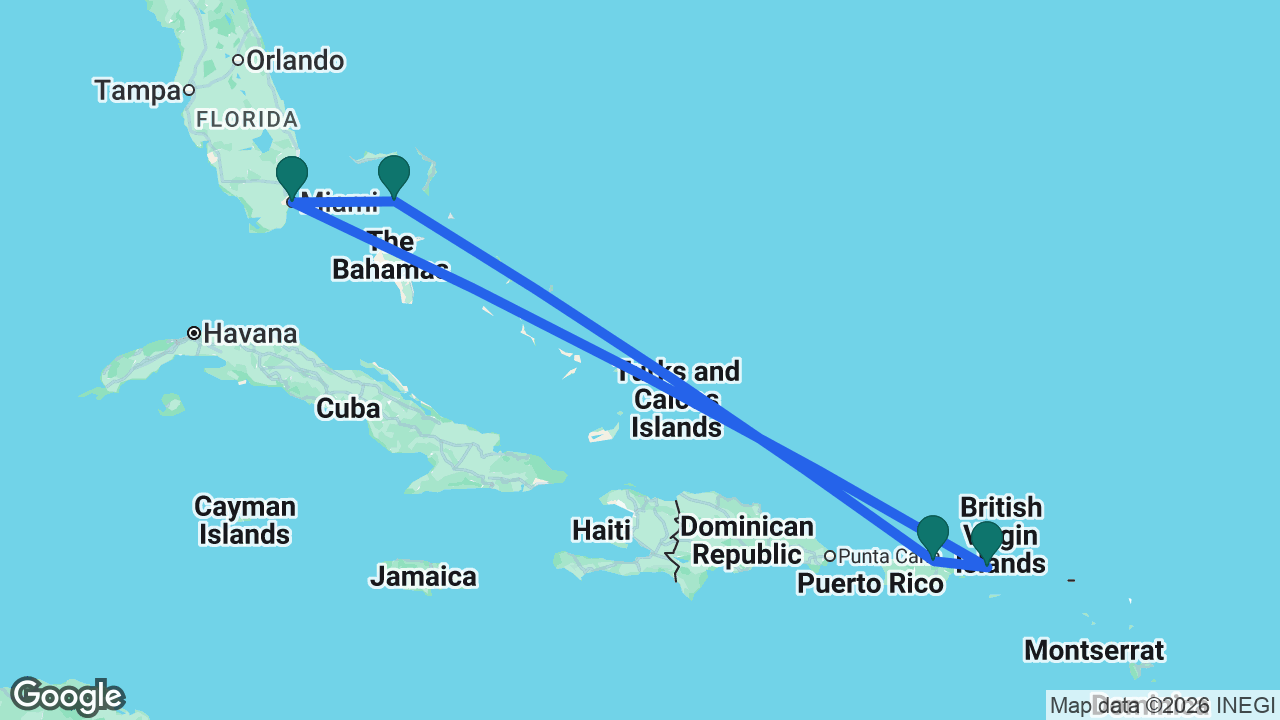 Route map: Miami -> St. Thomas -> San Juan -> CocoCay -> Miami