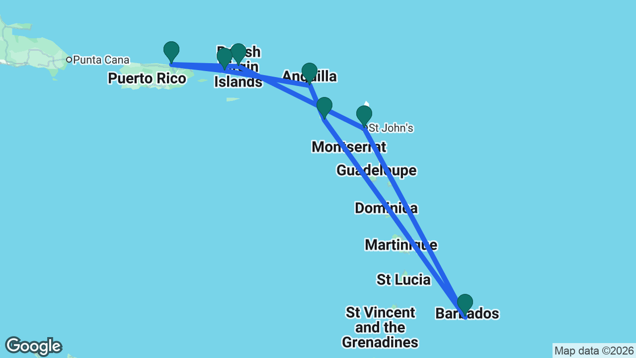 Route map: San Juan -> Tortola -> Antigua -> Barbados -> St. Kitts -> St. Maarten -> St. Thomas -> San Juan