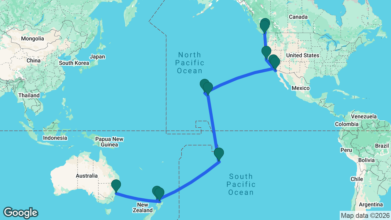 Route map: Sydney -> Tauranga -> Auckland -> Tahiti -> Moorea -> Kona -> Honolulu -> Los Angeles -> San Diego -> San Francisco -> Victoria -> Vancouver