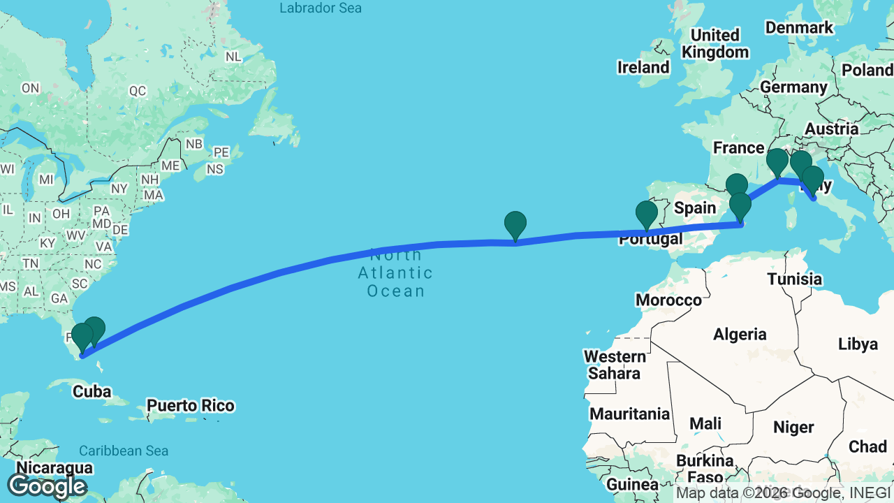 Route map: Miami -> Freeport -> Azores -> Lisbon -> Mallorca -> Barcelona -> Villefranche -> Florence -> Rome
