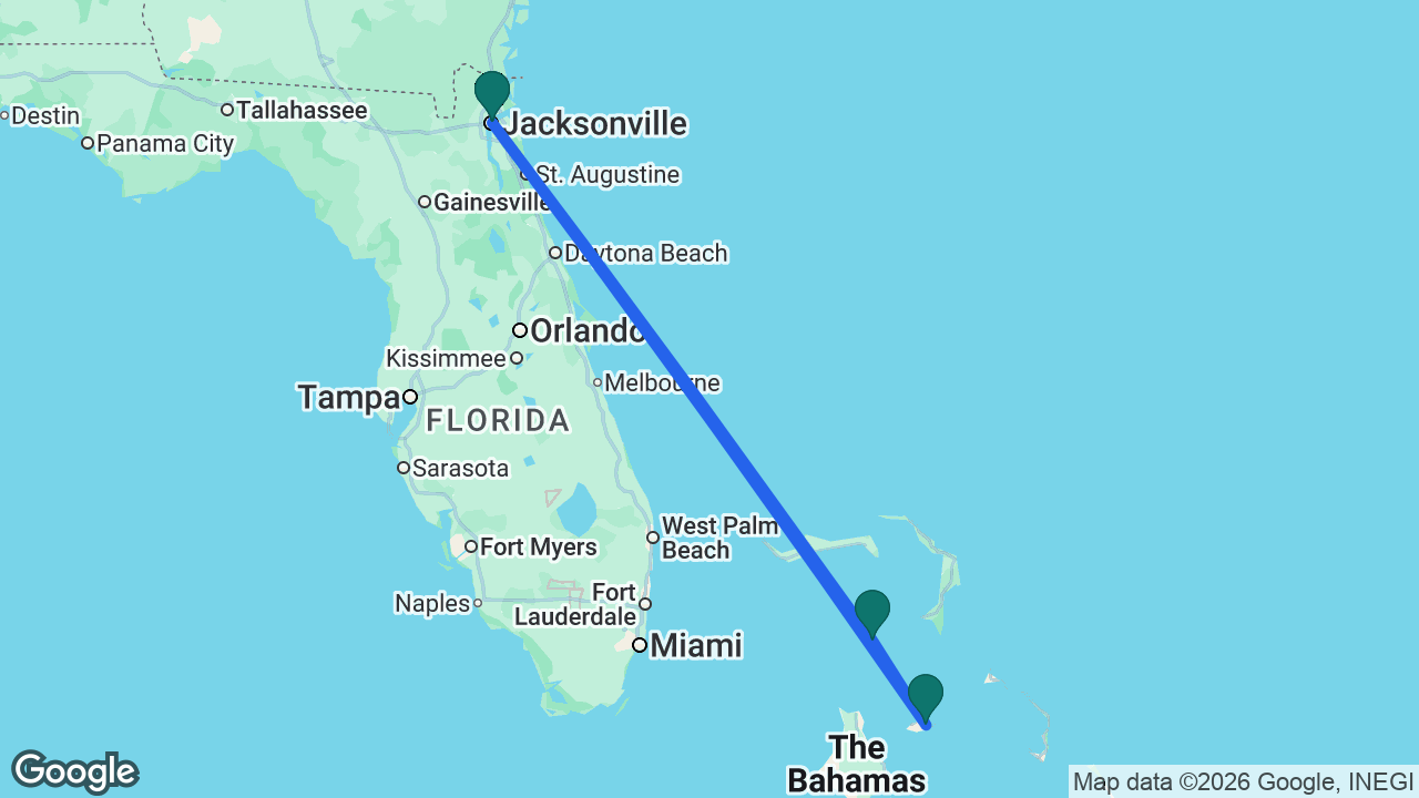 Route map: Jacksonville -> Great Stirrup Cay -> Nassau -> Jacksonville