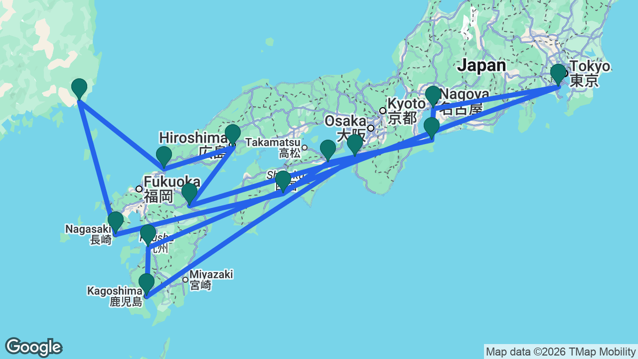 Route map: Tokyo -> Nagoya -> Toba -> Tokushima -> Kochi -> Nagasaki -> Busan -> Kanmon Strait -> Hiroshima -> Beppu -> Wakayama -> Kagoshima -> Yatsushiro -> Tokyo