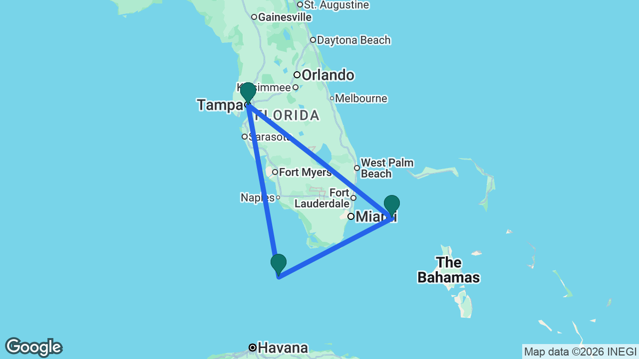 Route map: Tampa -> Key West -> Bimini -> Tampa