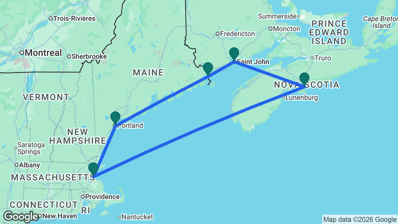 Route map: Boston -> Portland -> Eastport -> Saint John -> Halifax -> Boston