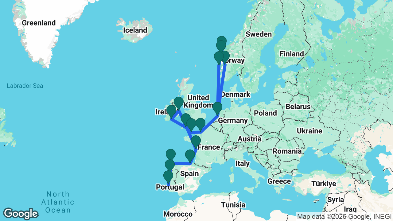 Route map: Lisbon -> Porto -> La Coruña -> Bilbao -> La Rochelle -> Dún Laoghaire -> Cobh -> Plymouth -> Guernsey -> Paris -> Amsterdam -> Eidfjord -> Ålesund -> Nordfjordeid -> Bergen -> Amsterdam