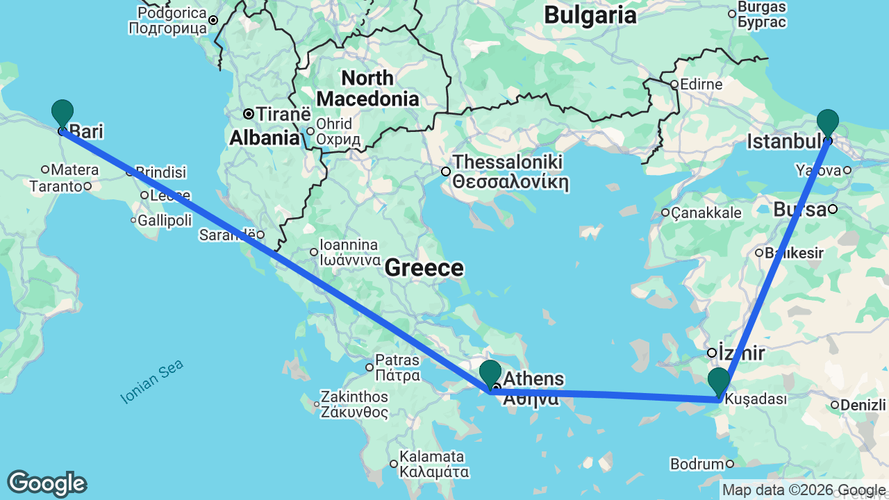 Route map: Bari -> Athens -> Ephesus -> Istanbul