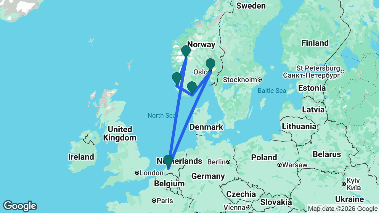 Route map: Rotterdam -> Oslo -> Kristiansand -> Sandnes -> Flåm -> Rotterdam