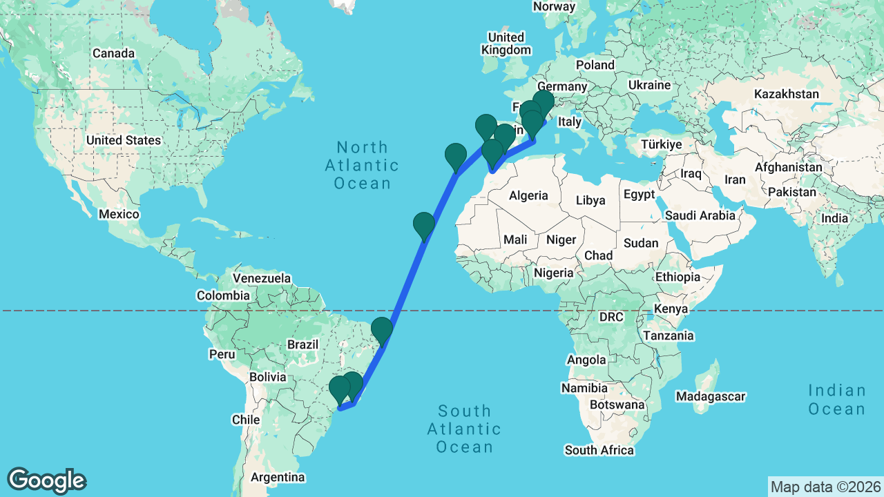 Route map: Santos -> Rio -> Maceió -> Mindelo -> Madeira -> Lisbon -> Casablanca -> Málaga -> Mallorca -> Barcelona -> Marseille