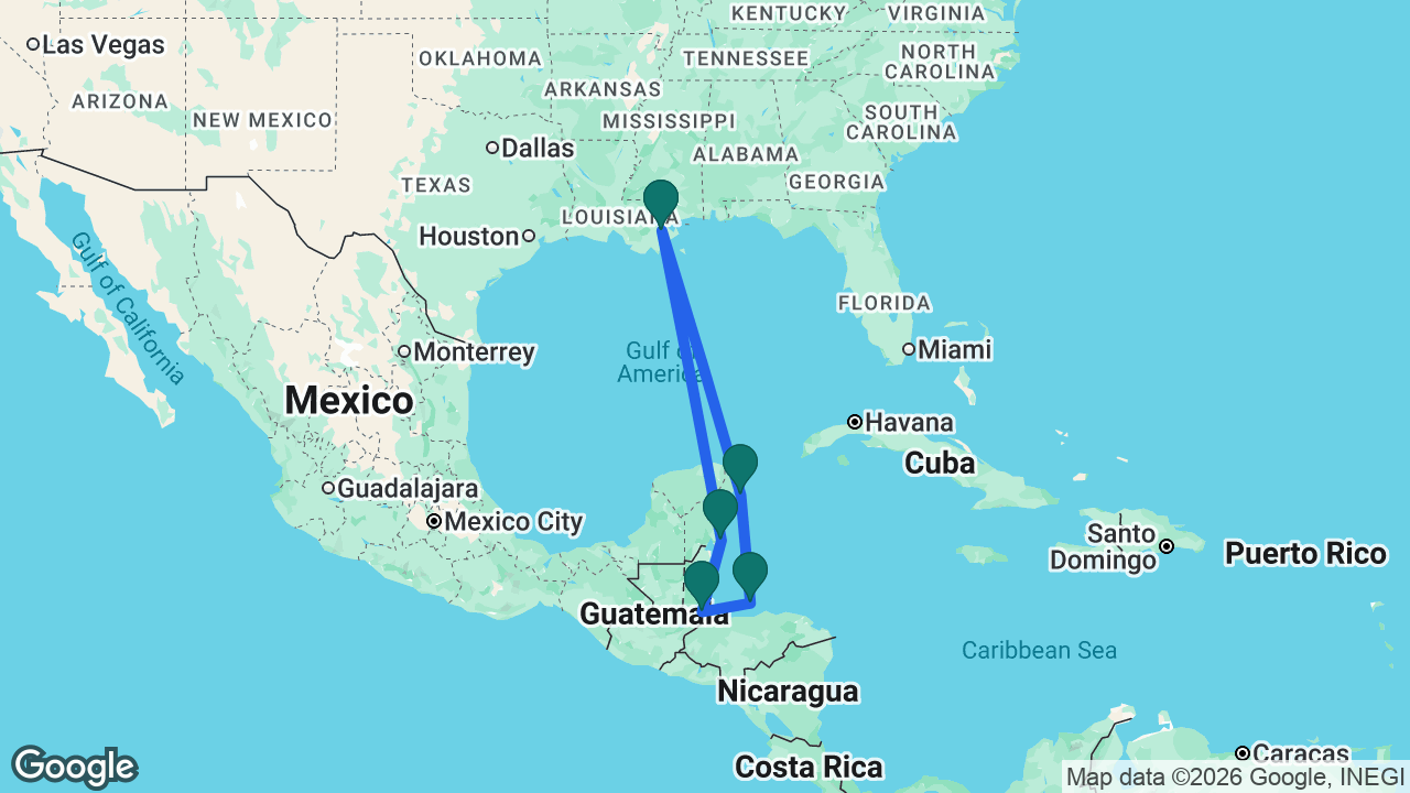 Route map: New Orleans -> Cozumel -> Roatán -> Harvest Caye -> Costa Maya -> New Orleans