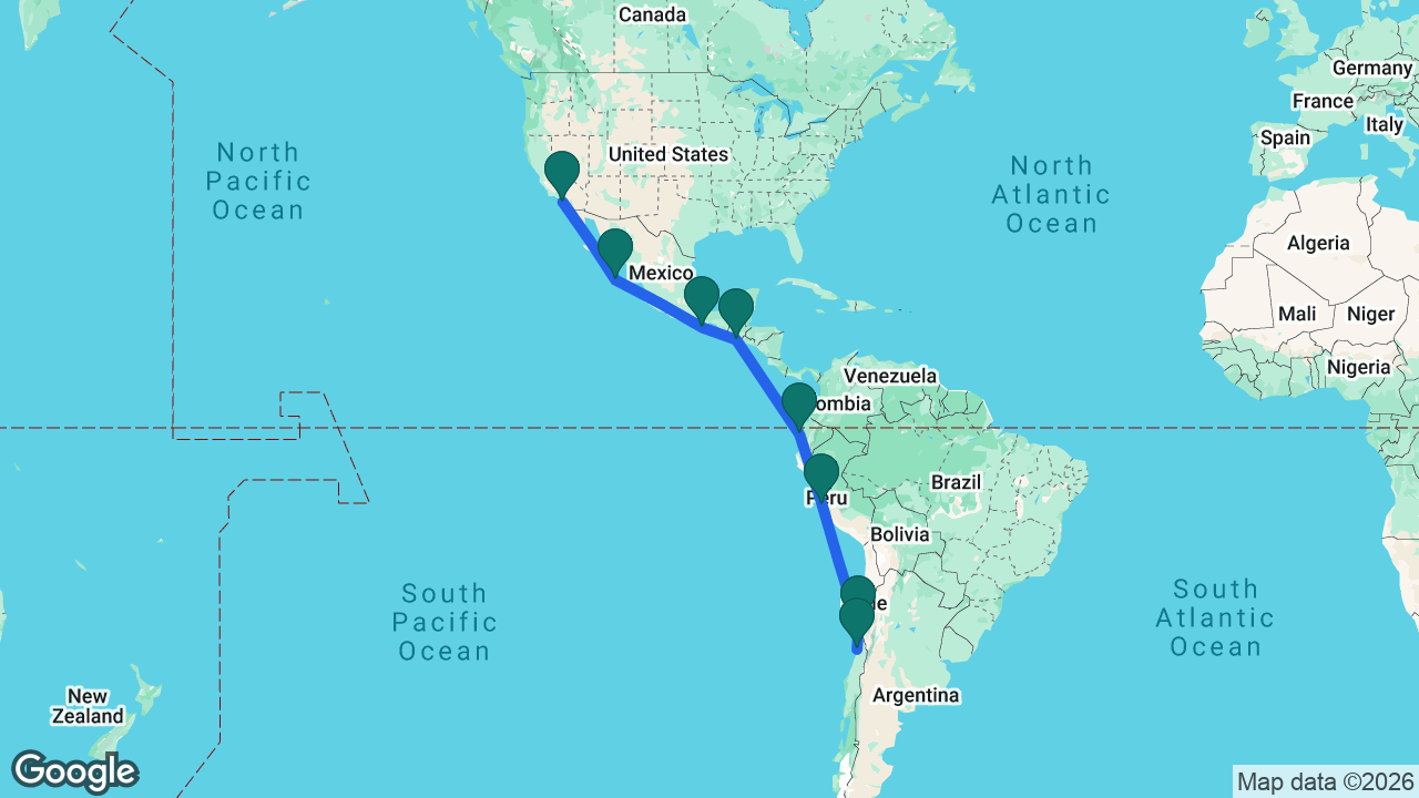 Route map: Los Angeles -> Cabo -> Huatulco -> Puerto Quetzal -> Manta -> Lima -> Coquimbo -> Santiago