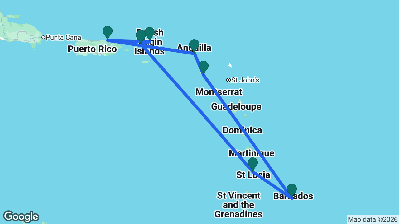 Route map: San Juan -> St. Maarten -> St. Kitts -> Barbados -> St. Lucia -> St. Thomas -> Tortola -> San Juan