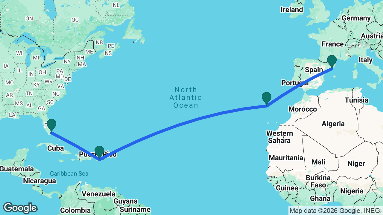 Route map: Barcelona -> Madeira -> San Juan -> Miami
