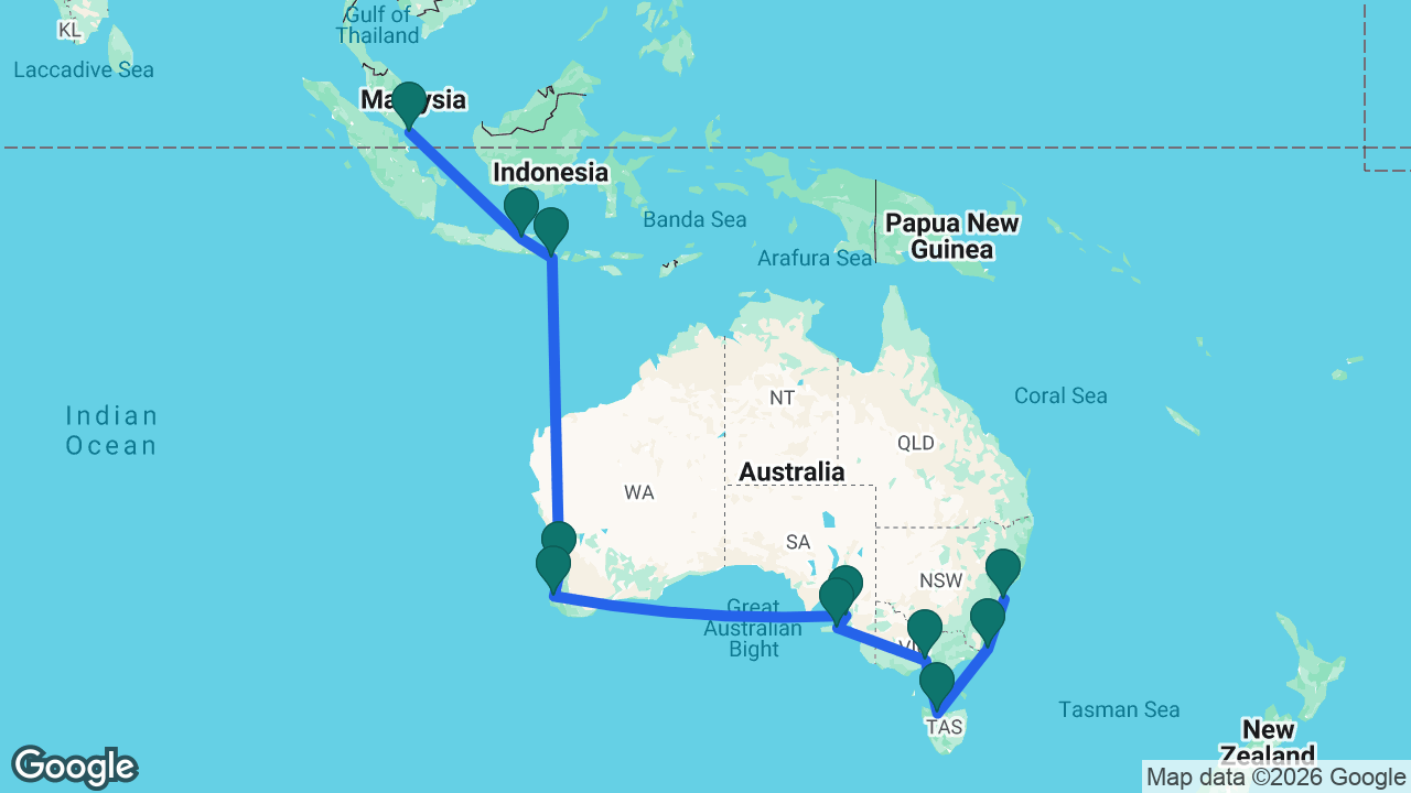 Route map: Singapore -> Surabaya -> Bali -> Perth -> Busselton -> Adelaide -> Kangaroo Island -> Melbourne -> Tasmania -> Eden -> Sydney