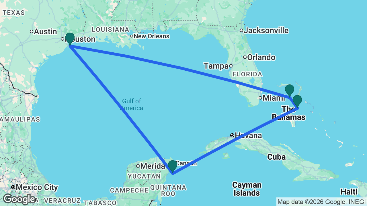 Route map: Galveston -> CocoCay -> Nassau -> Cozumel -> Galveston