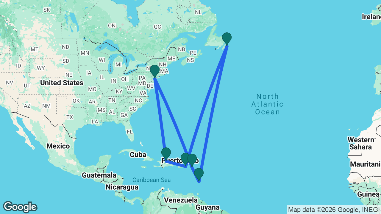 Route map: New York -> Puerto Plata -> St. Thomas -> St. John's -> St. Lucia -> St. Maarten -> New York