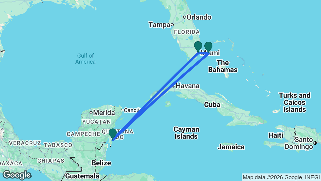 Route map: Miami -> Costa Maya -> Bimini -> Miami