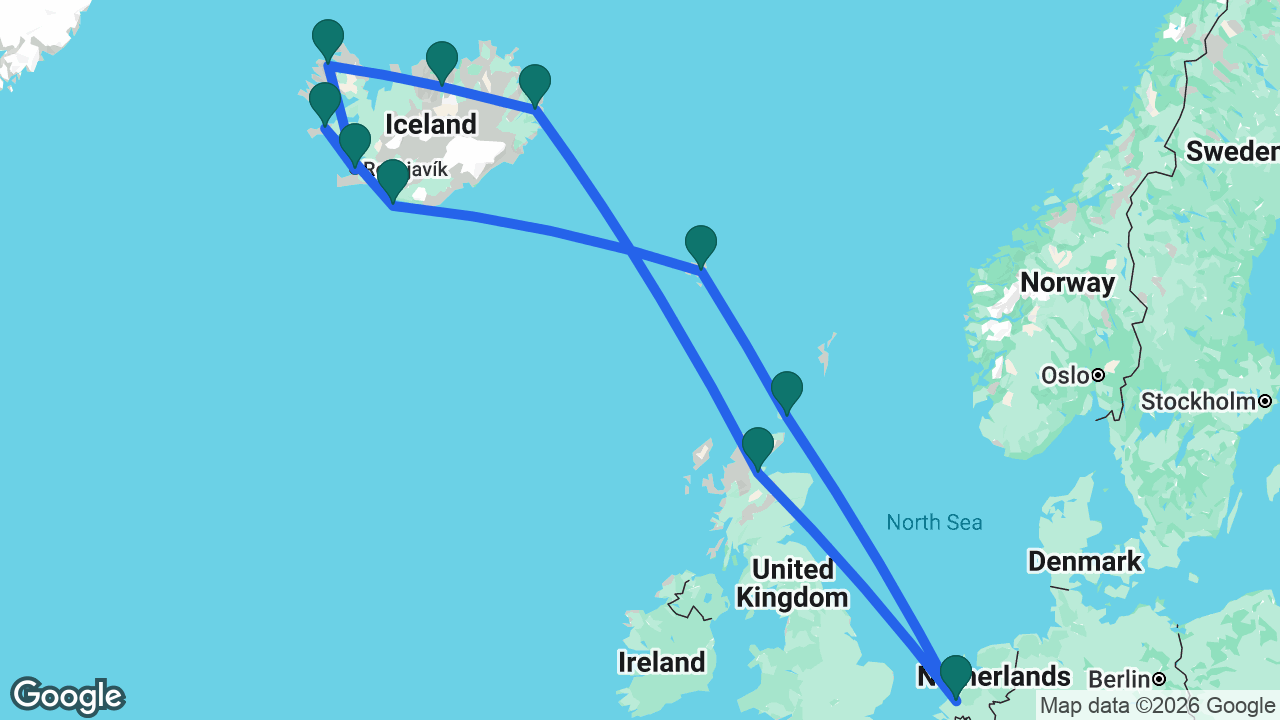 Route map: Rotterdam -> Invergordon -> Seydisfjordur -> Akureyri -> Isafjordur -> Reykjavik -> Grundarfjordur -> Heimaey -> Runavík -> Kirkwall -> Rotterdam