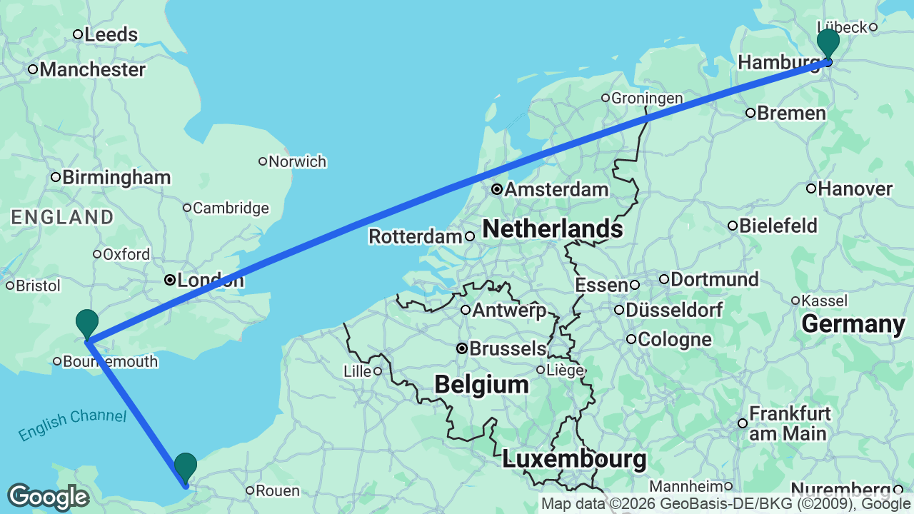 Route map: Paris -> Southampton -> Hamburg