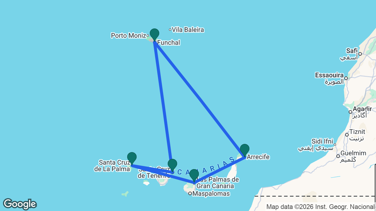 Route map: Lanzarote -> Gran Canaria -> La Palma -> Tenerife -> Madeira -> Lanzarote