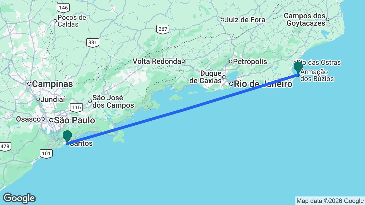 Route map: Santos -> Búzios -> Santos