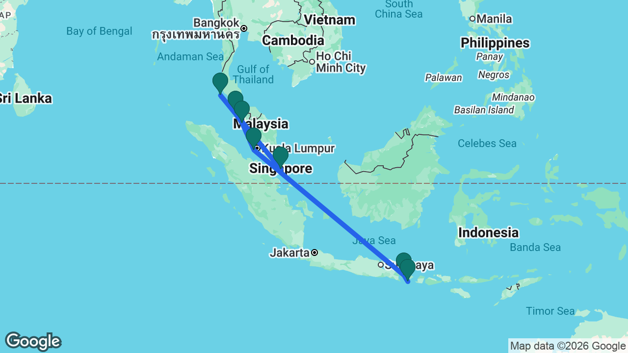 Route map: Bali -> Celukan Bawang -> Kuala Lumpur -> Penang -> Langkawi -> Phuket -> Singapore