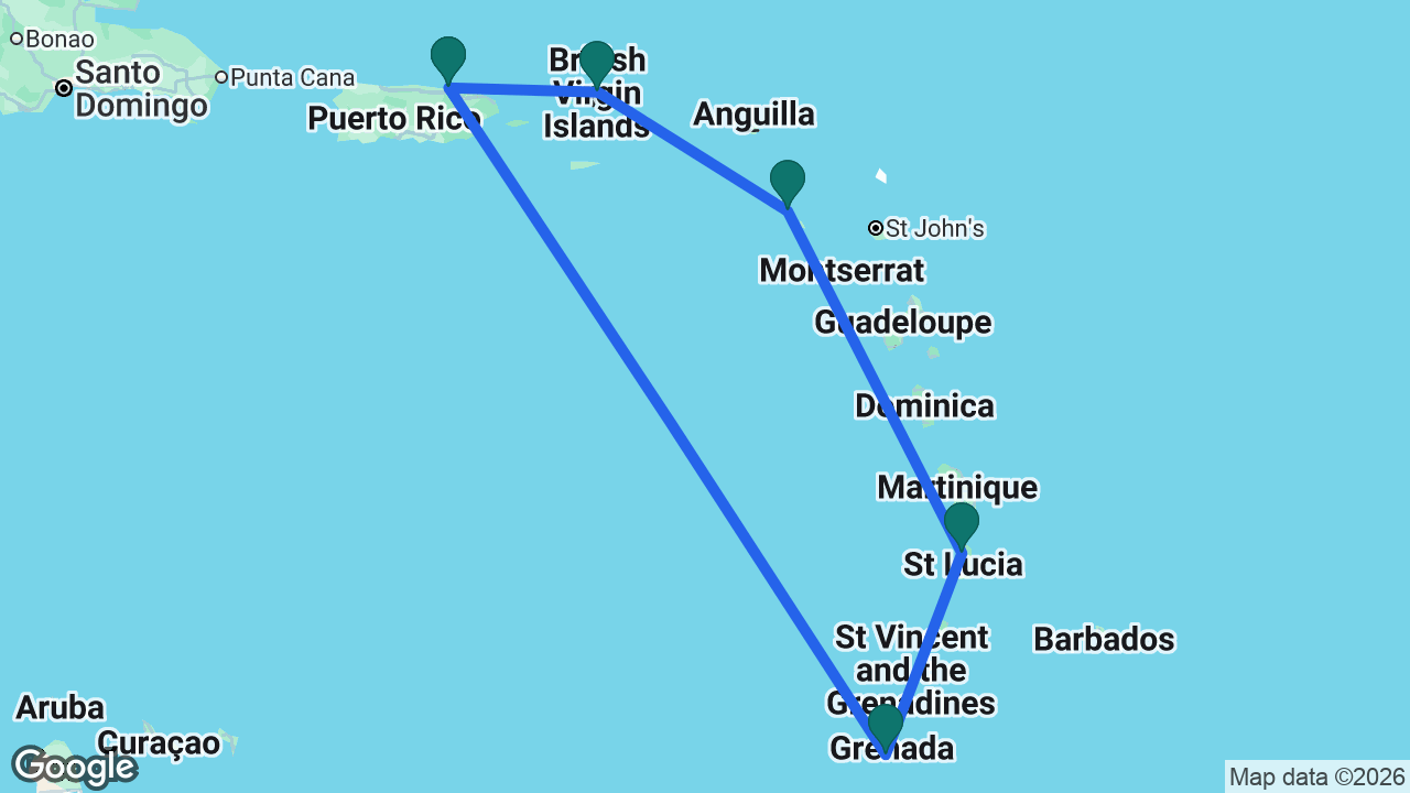 Route map: San Juan -> Tortola -> St. Kitts -> St. Lucia -> Grenada -> San Juan