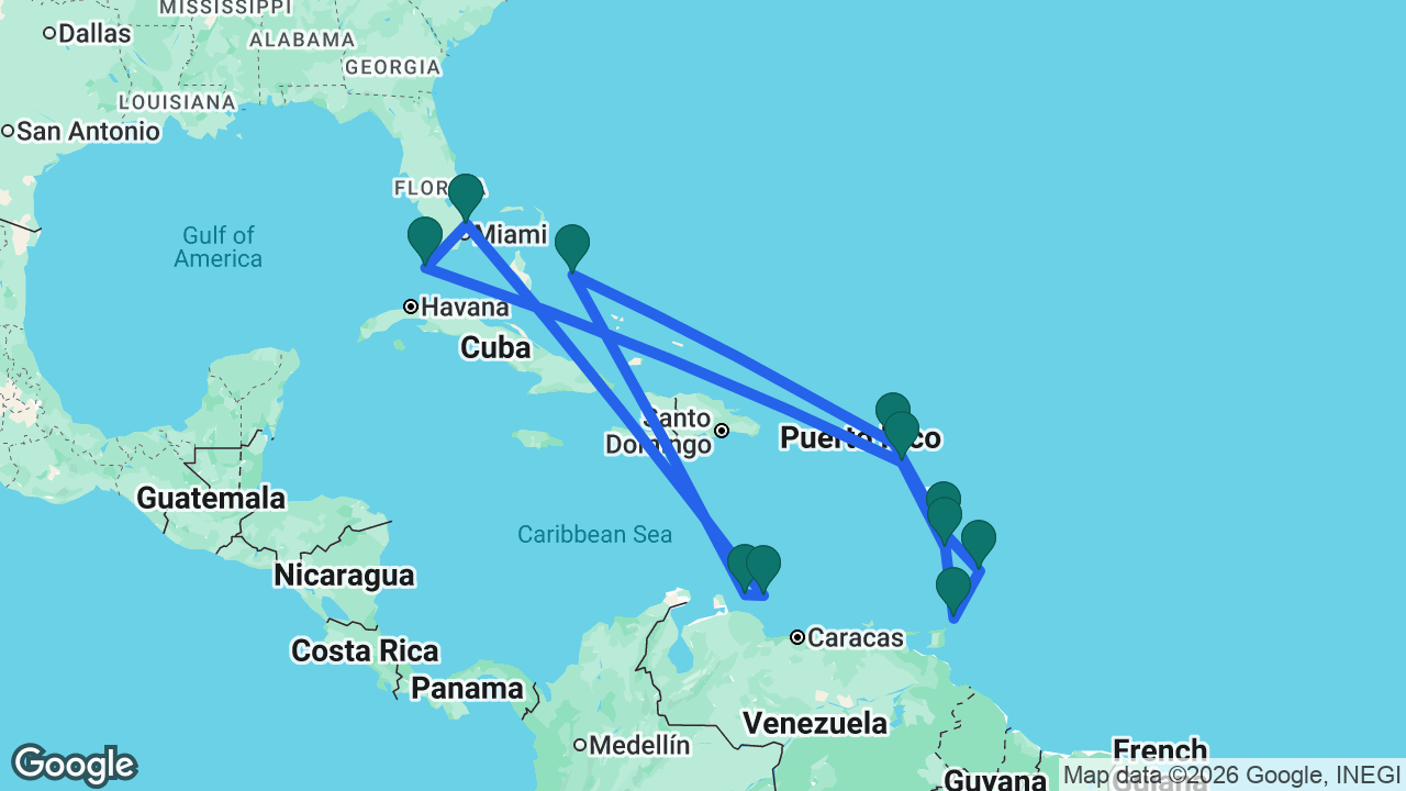 Route map: Fort Lauderdale -> Bonaire -> Curaçao -> Half Moon Cay -> St. Maarten -> Martinique -> Barbados -> Tobago -> St. Lucia -> St. Kitts -> Key West -> Fort Lauderdale
